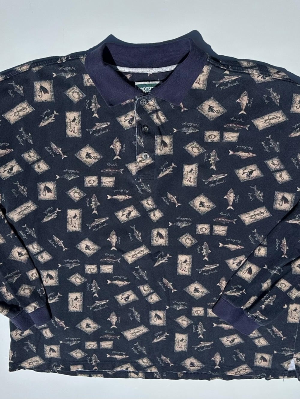 Men's Black Long-Sleeve Polo with Nautical Print